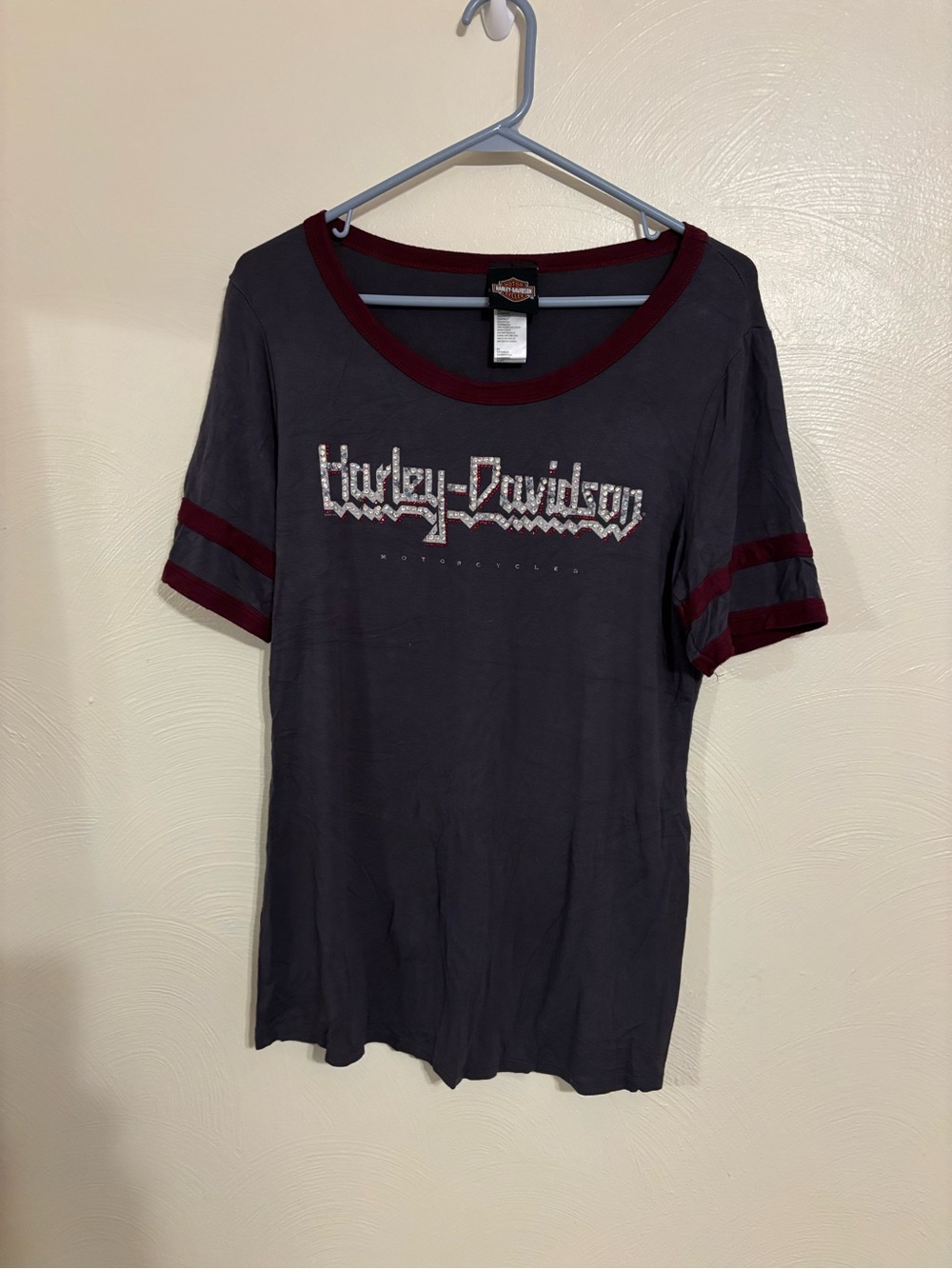 Harley Davidson XL Rhinestone Logo Gray Burgundy Tee